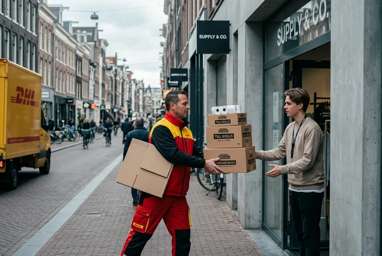 Firefly_Cinematic wide-angle shot of a modern urban shopping street. A DHL delivery driver in 718519