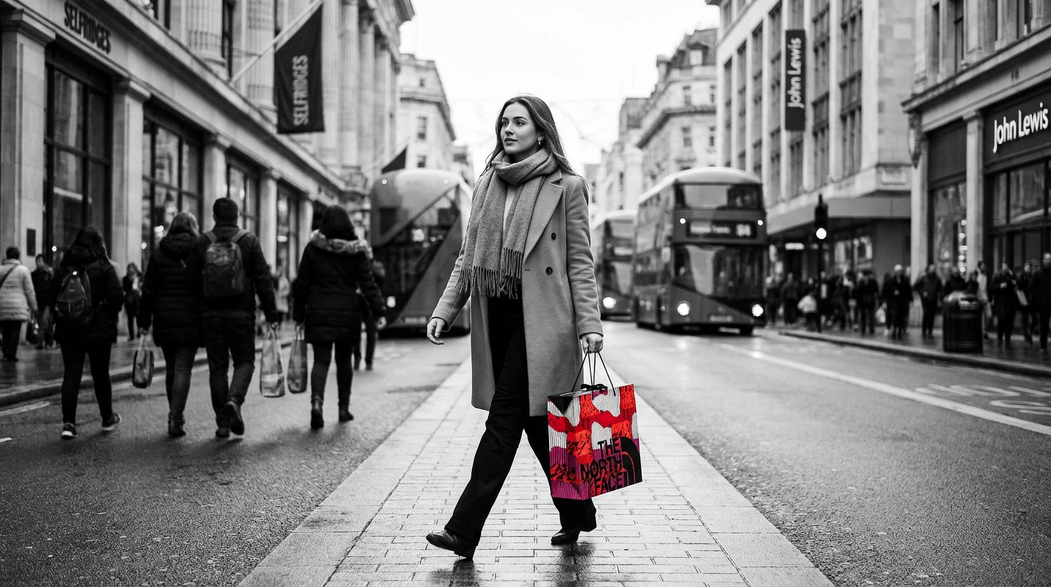 Firefly_Gemini Flash_“Create a cinematic black-and-white street photograph of a stylish young woman walkin 522687